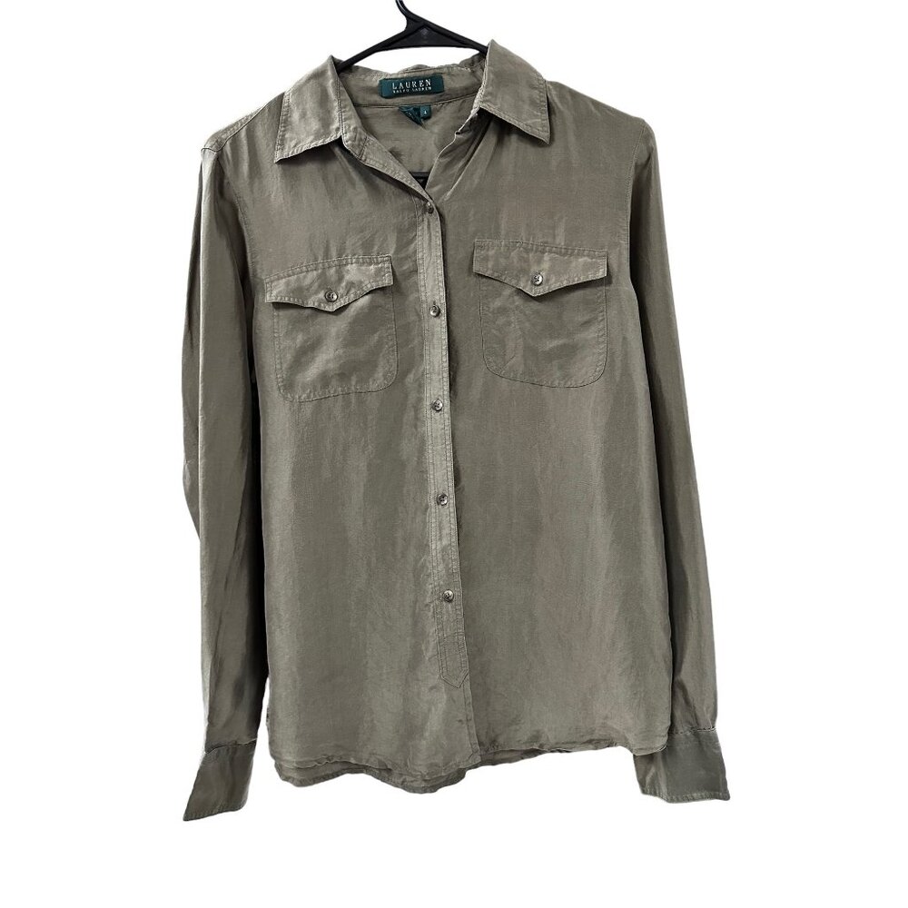 🍒 2/$20 🍒 Ralph Lauren Olive Green Button-up Blouse with Pockets sz 4